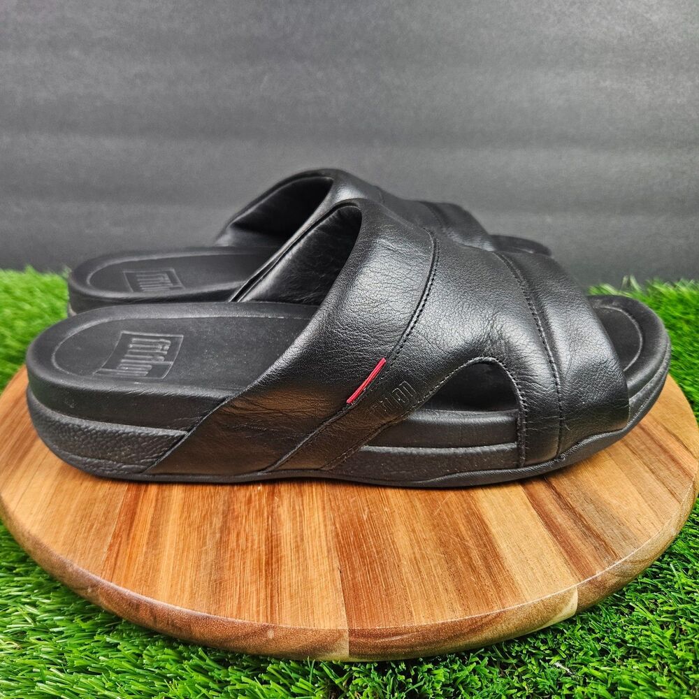 Fitflop Men’s Freeway Pool Slide Leather Sandals Size 10 Black Slip On Comfort